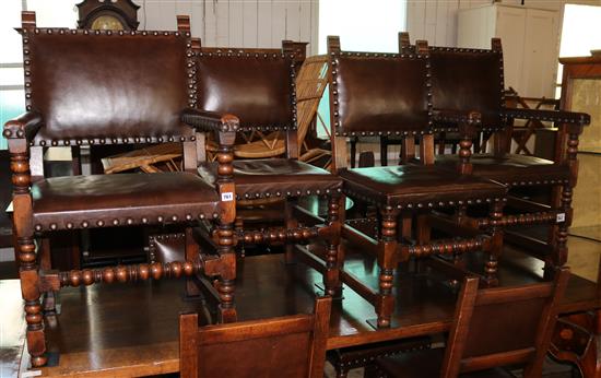 Set of 8 oak leather seated dining chairs(-)